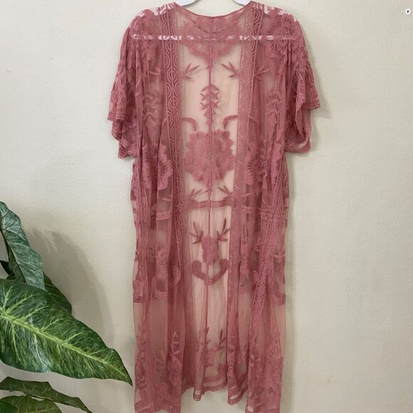 LC Lauren Conrad lace duster cardigan Womens OS Boho long line Rose color. - Picture 6 of 11